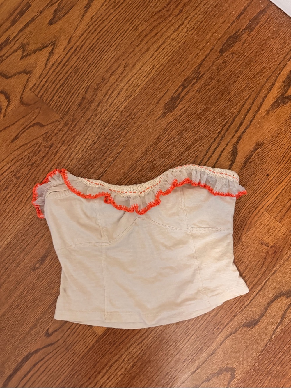 Free People Cream Off-Shoulder Crop Top with Bright Orange Trim
